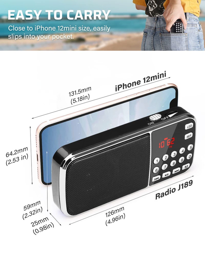 PRUNUS J-189 Bluetooth AM FM Radio, Small Portable Radios - Dual Speaker Heavy Bass, LED Flashlight, Pocket Size, TF Card USB AUX MP3 Player, Rechargeable Battery Operated Small Radio(Black) - Image 2